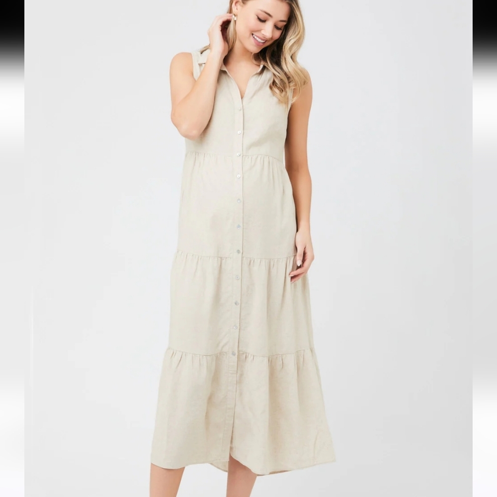 Ripe Maternity Tracy Tiered Linen Button-Front Midi Dress Size XS
